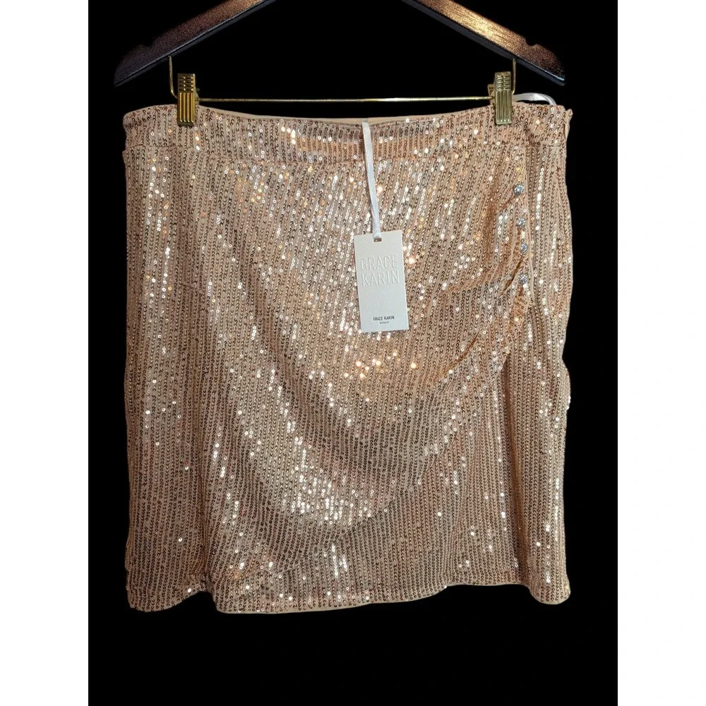 NWT GRACE KARIN sequined skirt NEW Champagne Pink Sparkle GNO size‎ 2xl XXL